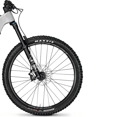 Vista frontal de FOCUS JAM² SL 9.9 destacando horquilla FOX y neumáticos Maxxis
