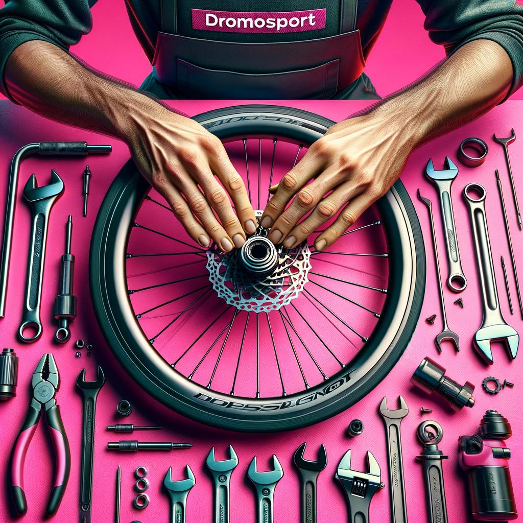 Servicio técnico Dromosport, manos ensamblando una rueda de bicicleta con herramientas de alta calidad alrededor